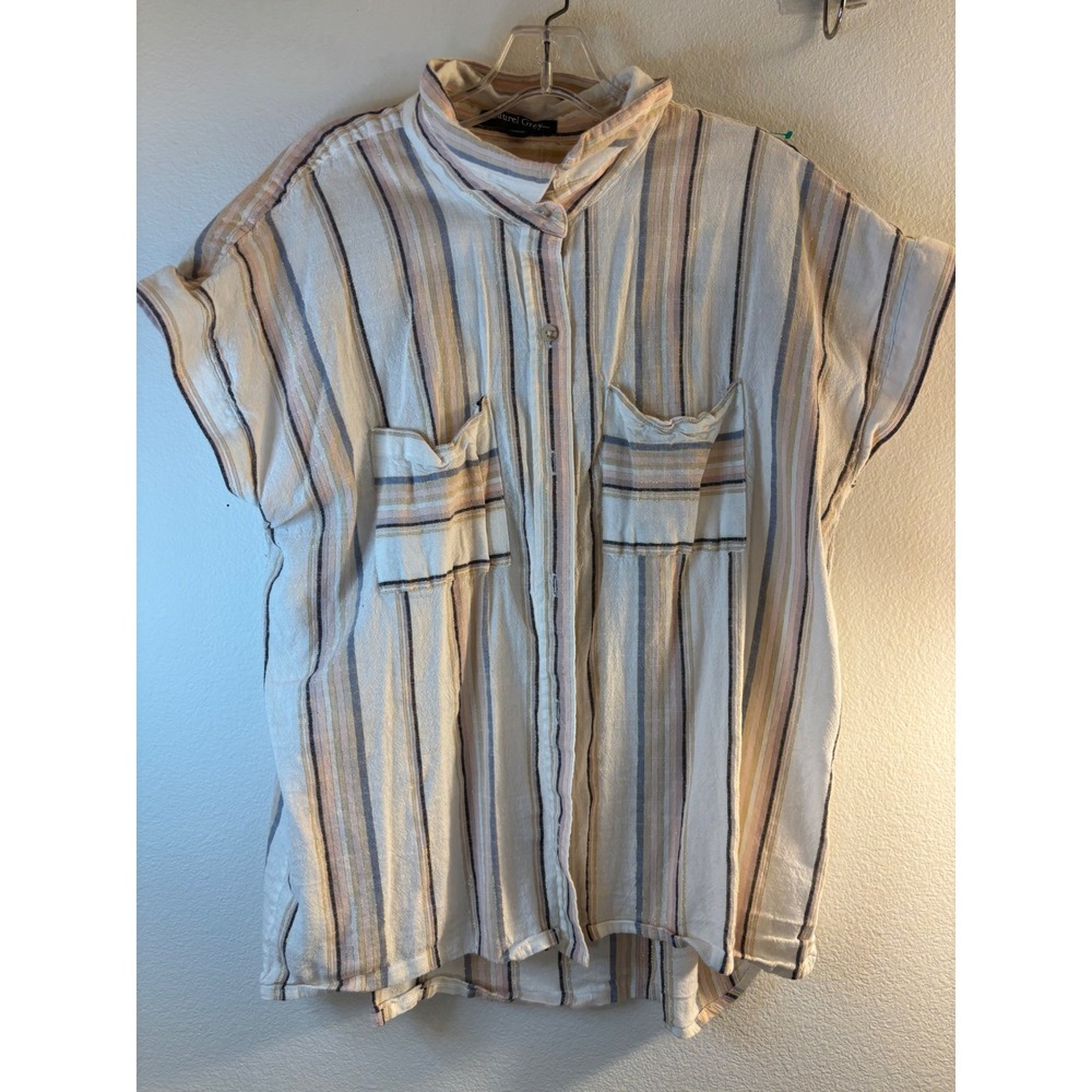 Laurel Grey Short Sleeve Striped Button Down Shirt XL Pink Blue Gold Lurex